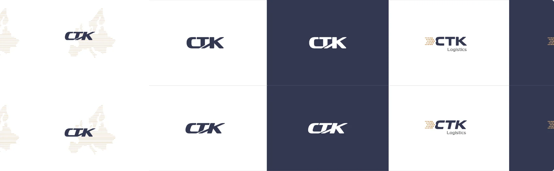 Obraz przedstawia różne warianty logo CTK Logistics w minimalistycznym stylu, łącząc granat, biel i złoto, co podkreśla nowoczesność i elegancję marki.