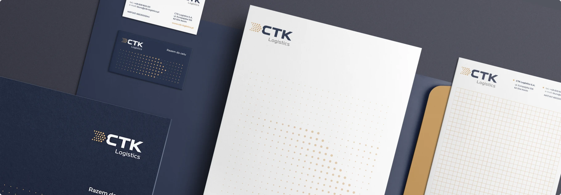 CTK Logistics prezentuje elegancką identyfikację wizualną z nowoczesnym designem, podkreślając profesjonalizm i spójność marki w branży logistycznej.