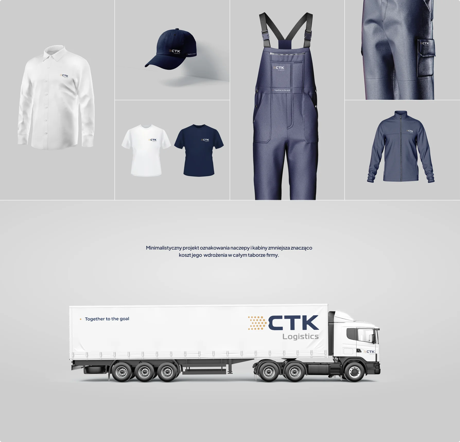 CTK Logistics prezentuje spójny branding, obejmujący odzież firmową i minimalistyczny design ciężarówki, co redukuje koszty wdrożenia w całej flocie.