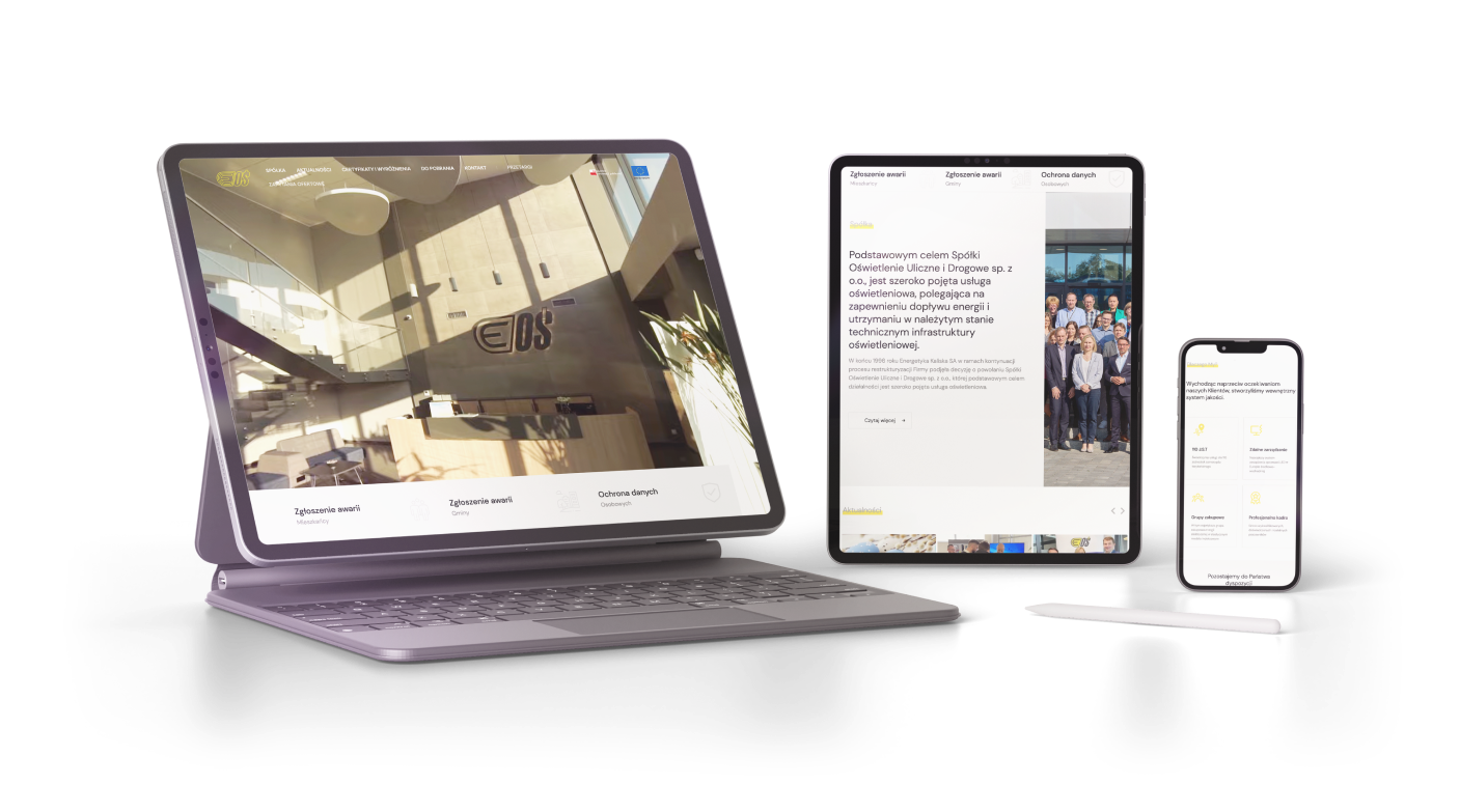 To zdjęcie przedstawia nowoczesne, responsywne strony internetowe wyświetlone na różnych urządzeniach – laptopie, tablecie i smartfonie
