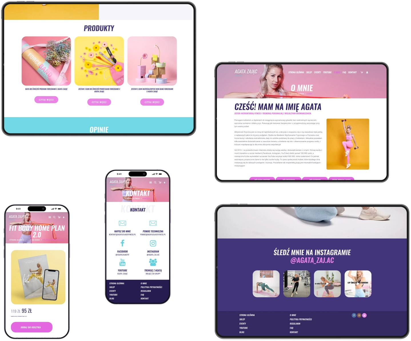  Zdjęcie przedstawia stronę internetową Agaty Zając, trenerki fitness, zaprezentowaną na różnych urządzeniach – tabletach i smartfonach. 