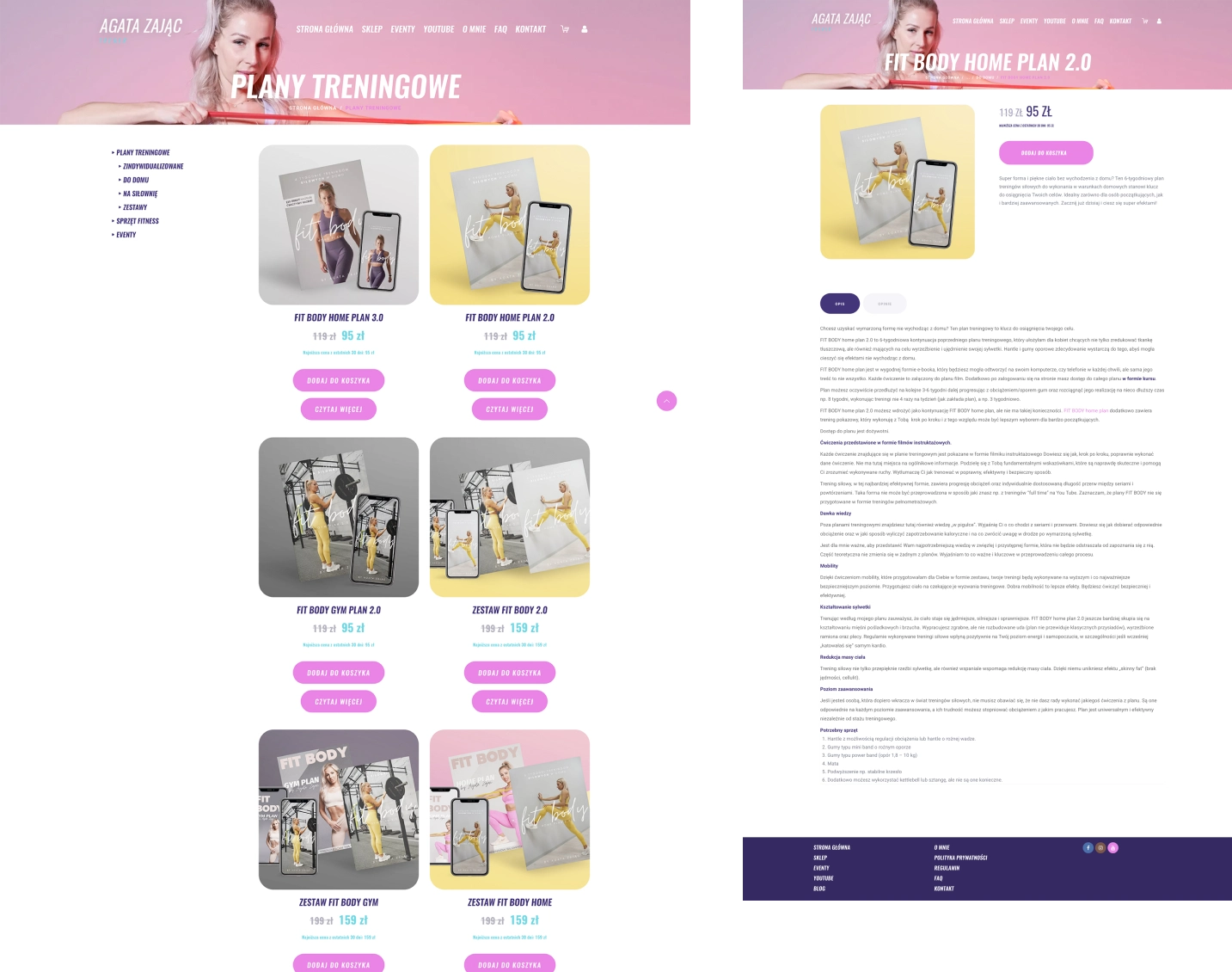 Po lewej stronie widoczna jest oferta różnych programów, takich jak Fit Body Home Plan 3.0, Fit Body Home Plan 2.0 i inne zestawy, z opcjami zakupu i szczegółowego opisu.