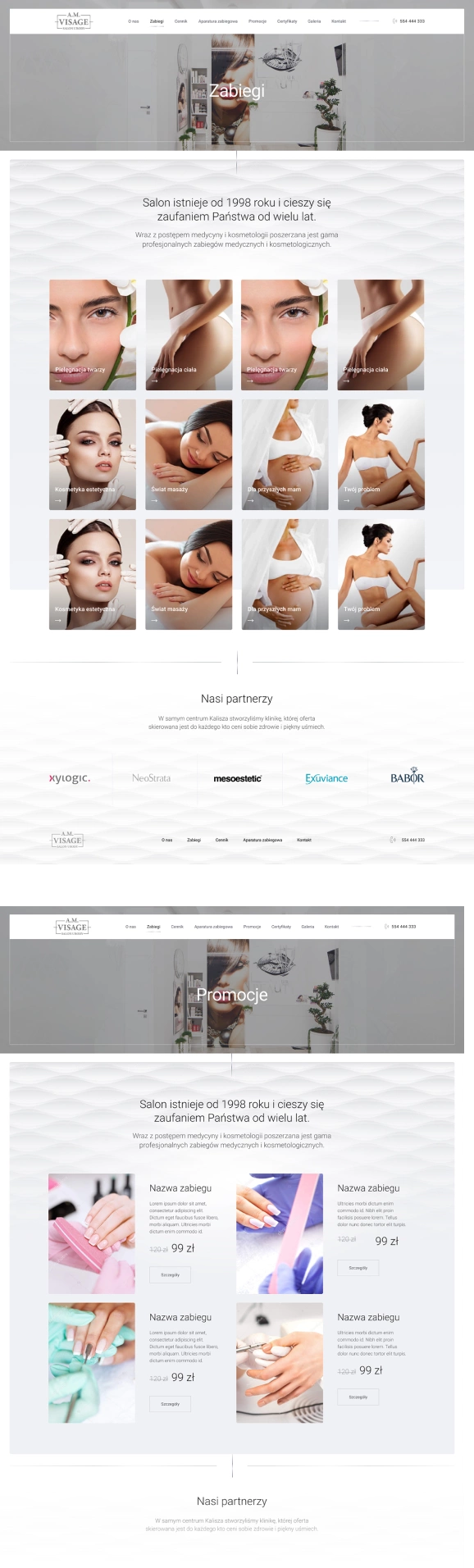 Zdjęcie zawiera fotografie przedstawiające wnętrze salonu, oferowane usługi, a także informacje o współpracy z renomowanymi partnerami oraz dostępne promocje.