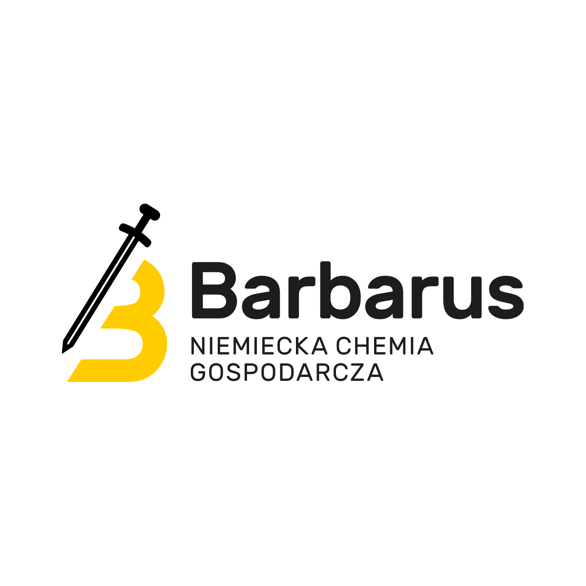 Logo Barbarus przedstawia literę „B” w żółtym kolorze z mieczem symbolizującym siłę i skuteczność. Pod spodem znajduje się napis „Niemiecka Chemia Gospodarcza”.