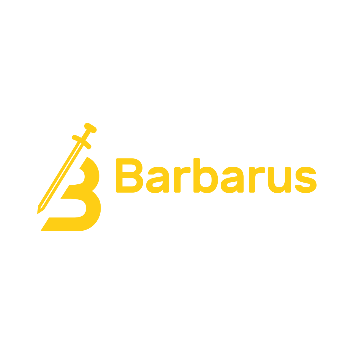 Logo Barbarus w dwóch wersjach kolorystycznych: Po prawej na czarnym tle, z żółtym napisem i literą „B”.Obie wersje zawierają miecz symbolizujący skuteczność i siłę.