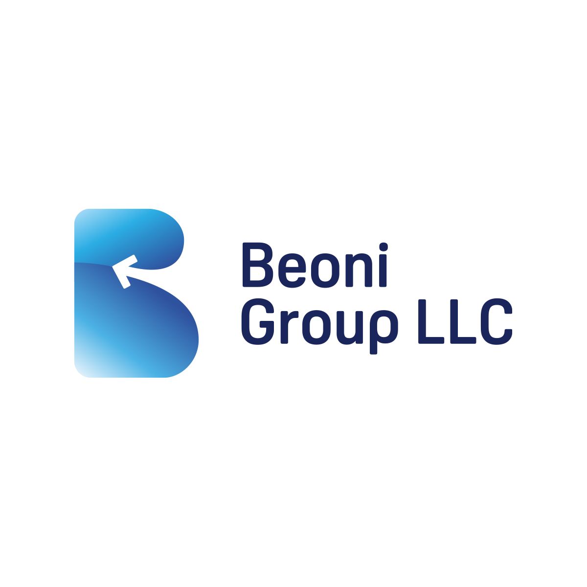 Logo Beoni Group LLC to stylizowana litera B z wkomponowaną strzałką, symbolizującą kierunek i logistykę. Niebieska kolorystyka podkreśla zaufanie i profesjonalizm.