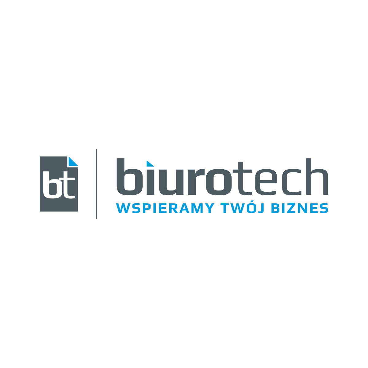 Logo "biurotech" w szaro-niebieskiej kolorystyce z dynamicznym elementem przypominającym zakładkę. Hasło "Wspieramy Twój Biznes" podkreśla funkcję wsparcia technologicznego i biurowego.
