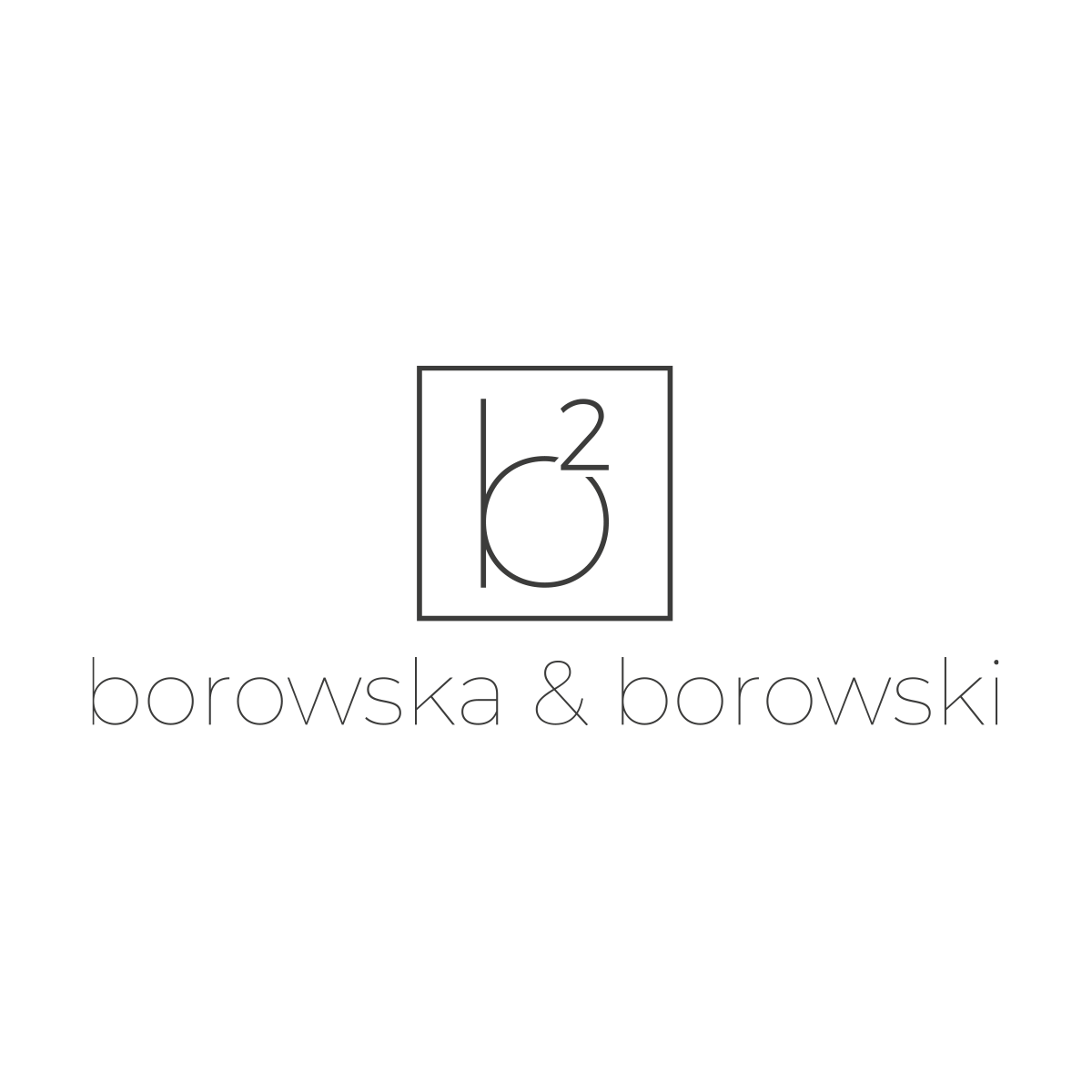 Logo borowska & borowski (b²) w eleganckim, minimalistycznym stylu. Cienka linia, geometryczna forma i subtelna typografia nadają mu nowoczesny wygląd.