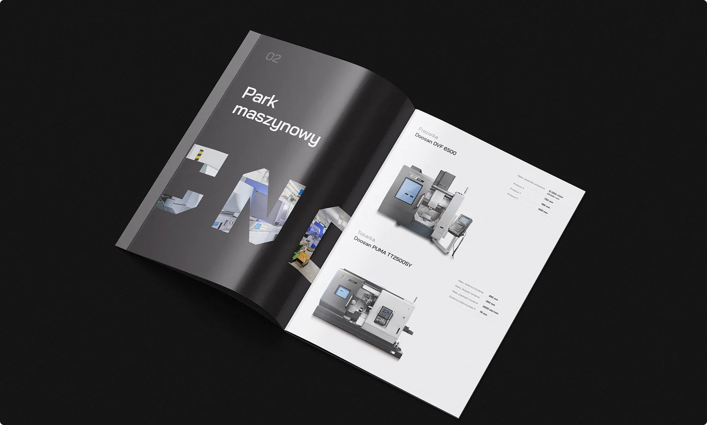Strona katalogu CNC Micron – dział Park maszynowy. Nowoczesny design, elegancka czarno-biała estetyka i przejrzysta prezentacja zaawansowanych maszyn obróbczych.