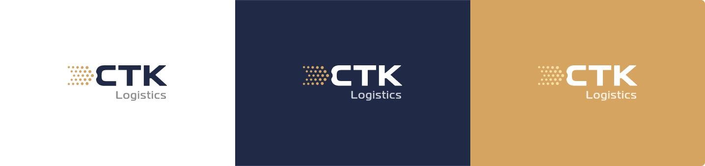 Grafika przedstawia logo CTK Logistics w trzech wariantach kolorystycznych: na białym, granatowym i złotym tle. Logo składa się z białych liter i złotych kropek.