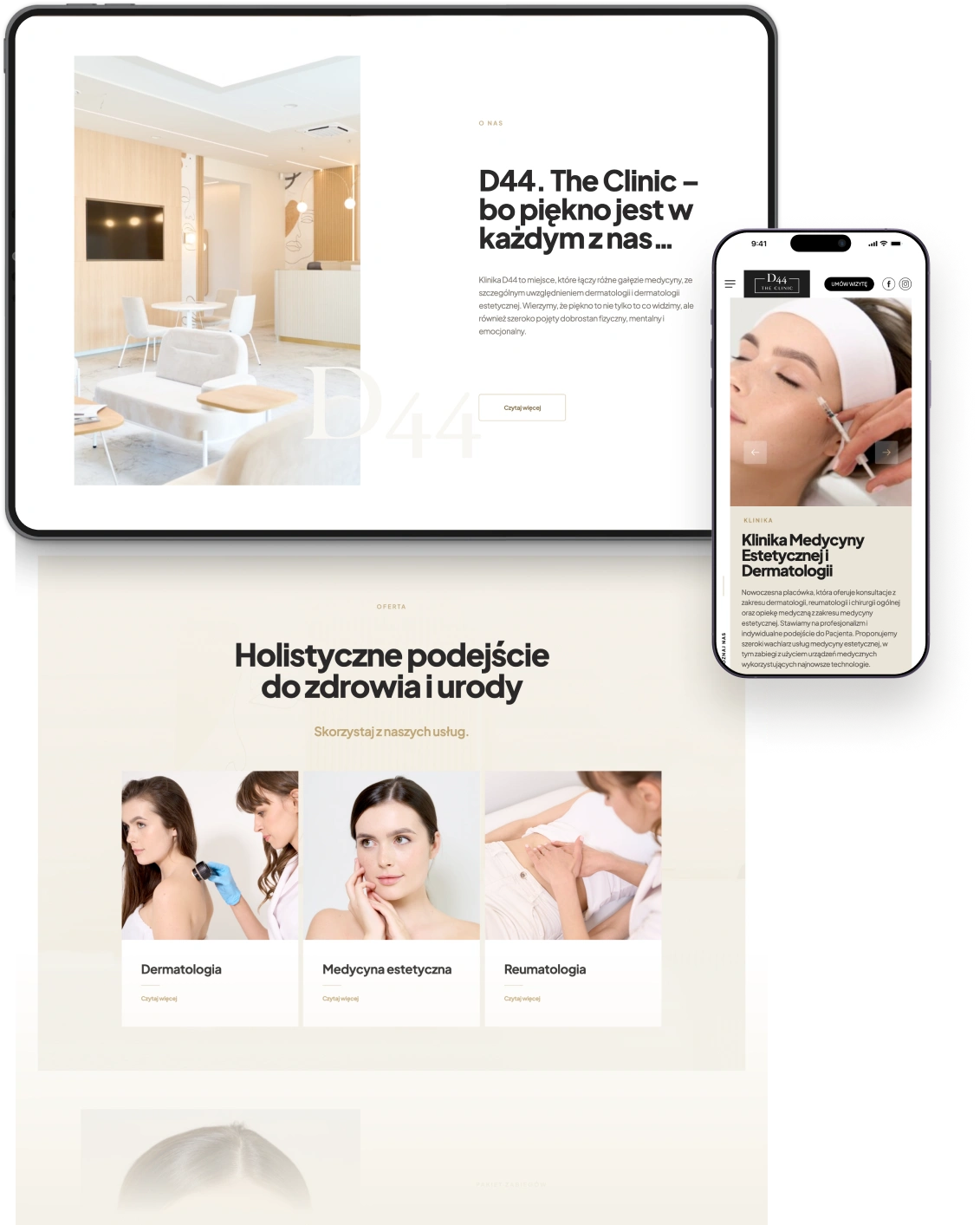 Zdjęcie przedstawia stronę kliniki D44 na tablecie i telefonie. Widoczna jest recepcja oraz oferta dermatologii i medycyny estetycznej, podkreślająca holistyczne podejście.