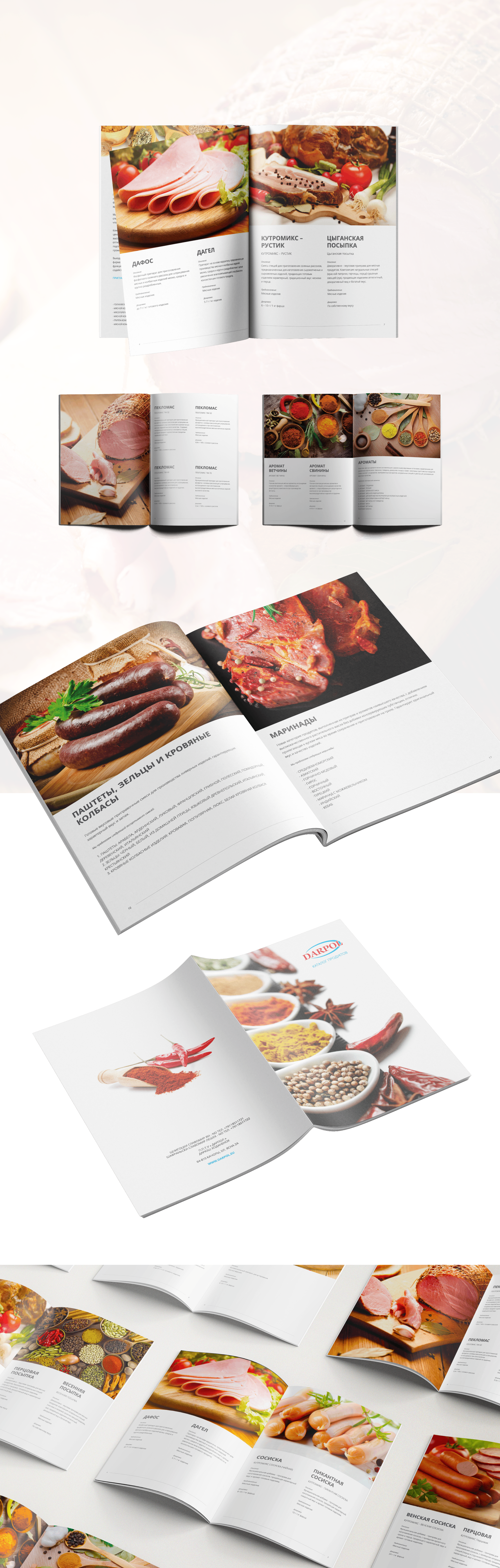 Grafika przedstawia katalog firmy spożywczej, prezentujący wędliny i przyprawy. Zawiera apetyczne zdjęcia, opisy produktów oraz ich skład i zastosowanie.