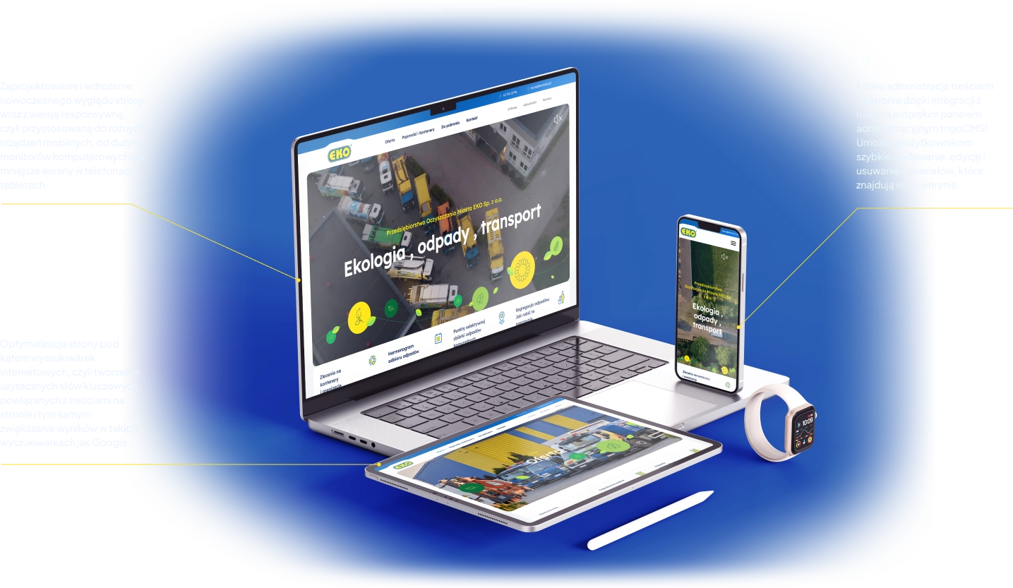 Zdjęcie przestawia laptop, telefon oraz tablet na którym widnieje strona eko.