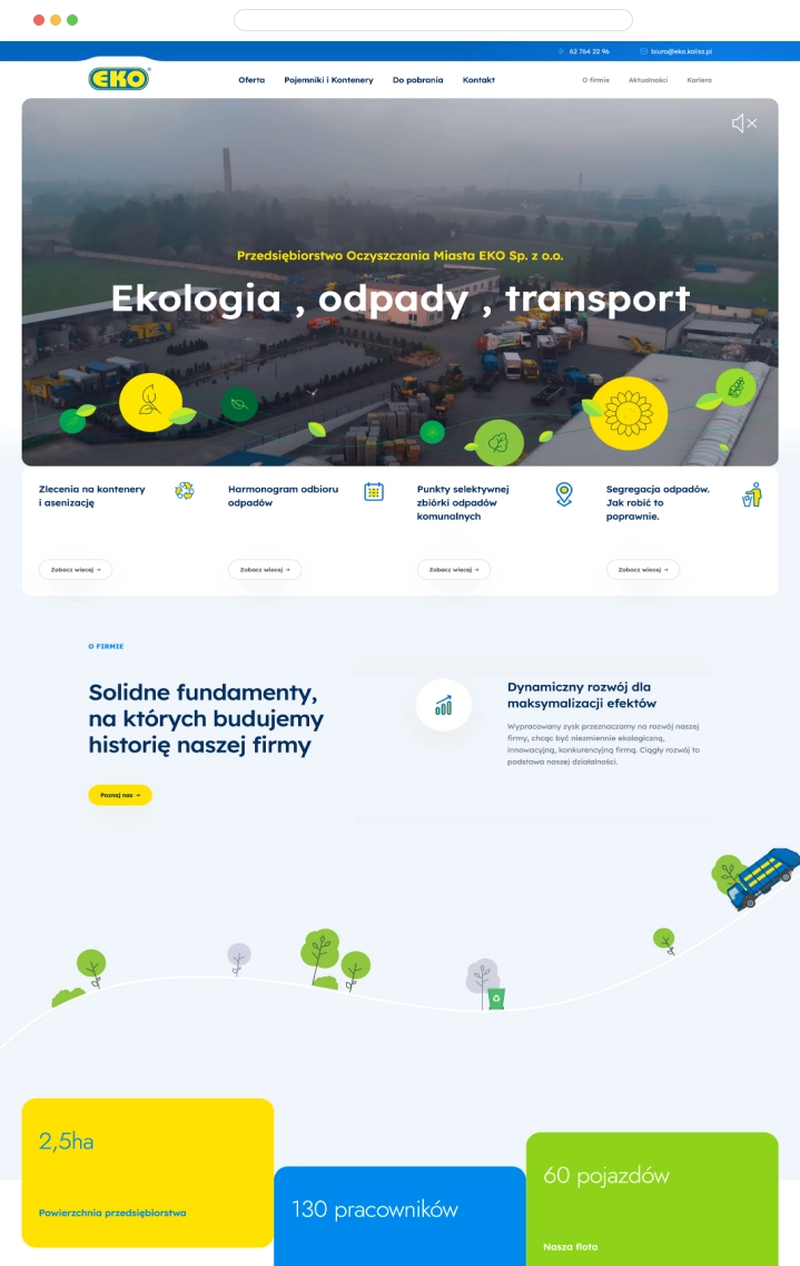 Strona internetowa przedstawiona na obrazie należy do Przedsiębiorstwa Oczyszczania Miasta EKO. Na głównym banerze widnieje hasło „Ekologia, odpady, transport. Strona oferuje dostęp do usług.
