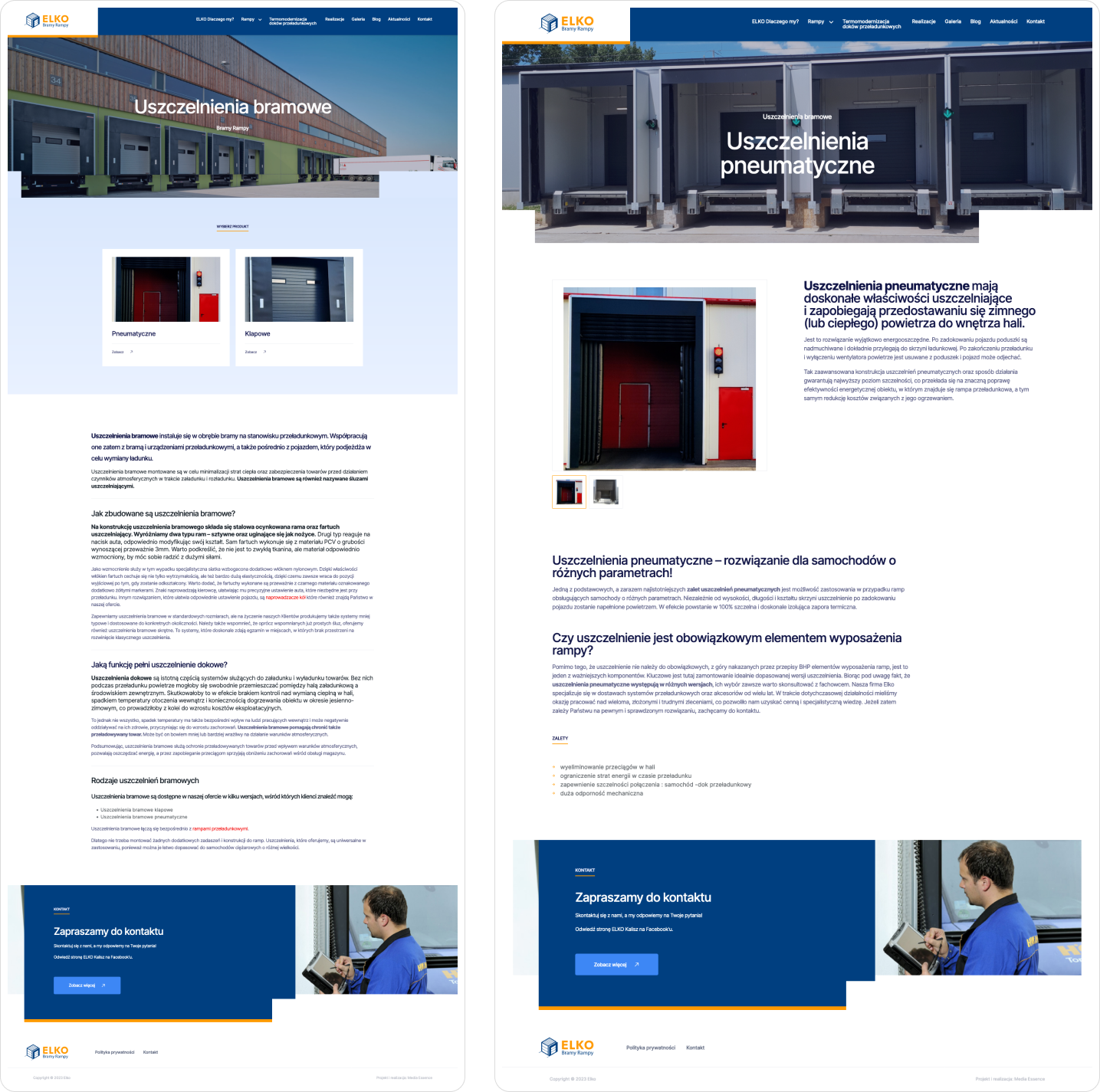 Obrazek przedstawia stronę internetową firmy Elko, specjalizującej się w uszczelnieniach bramowych i pneumatycznych. Na stronie widoczne są produkty oraz szczegóły dotyczące instalacji uszczelnień do ramp przeładunkowych, w tym także pytania dotyczące ich zastosowania.