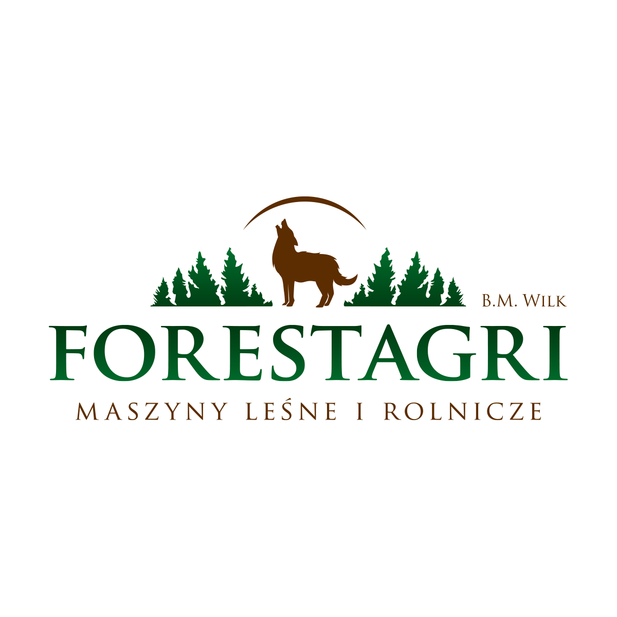 Logo ForestAgri przedstawia wilka na tle lasu, z zielono-brązową kolorystyką nawiązującą do natury. Podkreśla działalność w branży leśnej i rolniczej.