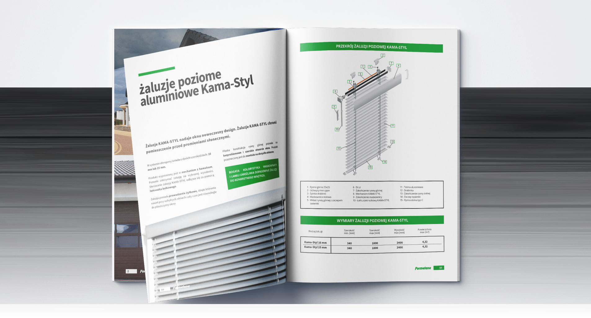 Strona katalogu Formelana prezentująca żaluzje aluminiowe Kama-Styl. Przejrzysty układ, techniczne schematy i tabela wymiarów podkreślają nowoczesny design i funkcjonalność.