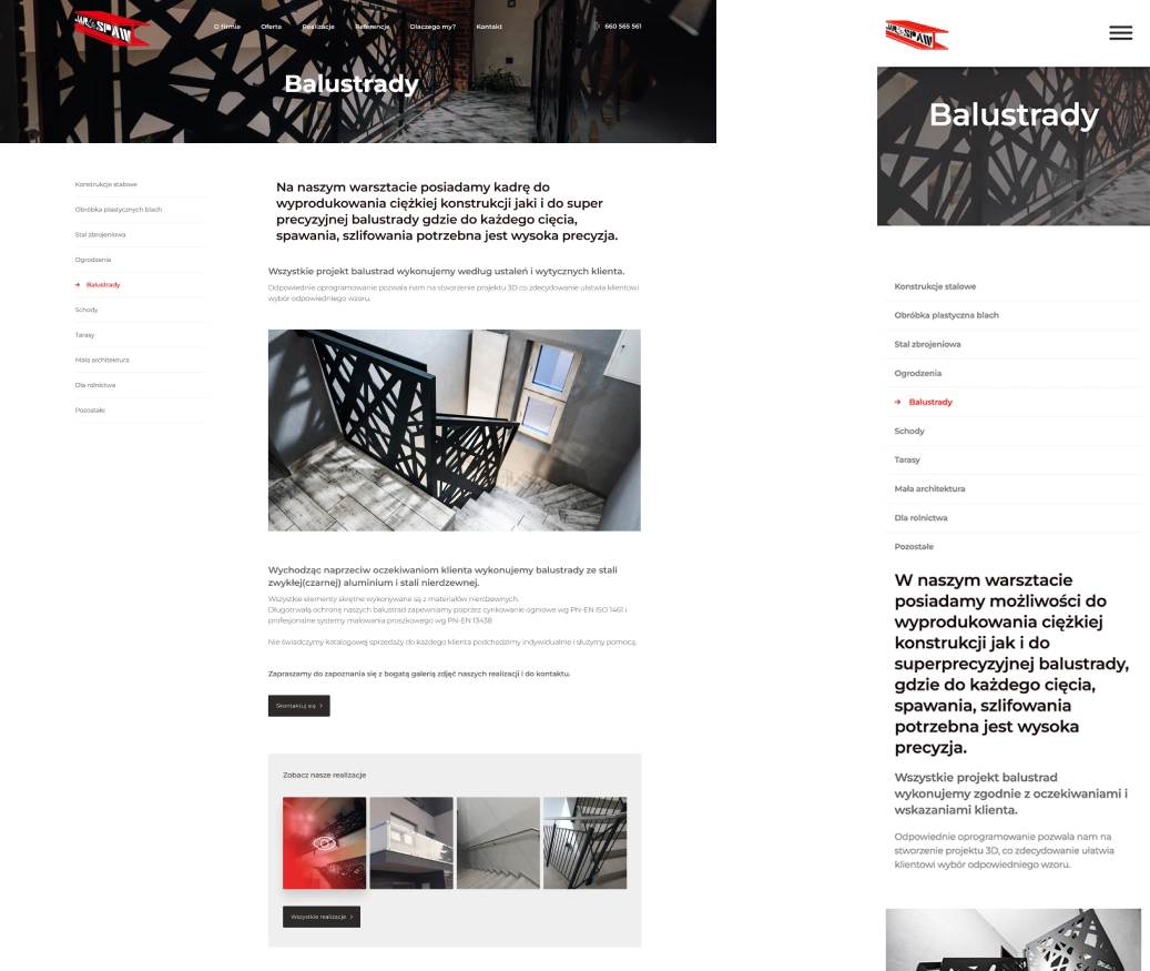 Strona JAR-SPAW na laptopie i pełnym widoku eksponuje sekcję „Dlaczego My?” z atutami firmy. Czerwono-czarna kolorystyka i minimalizm podkreślają profesjonalizm.