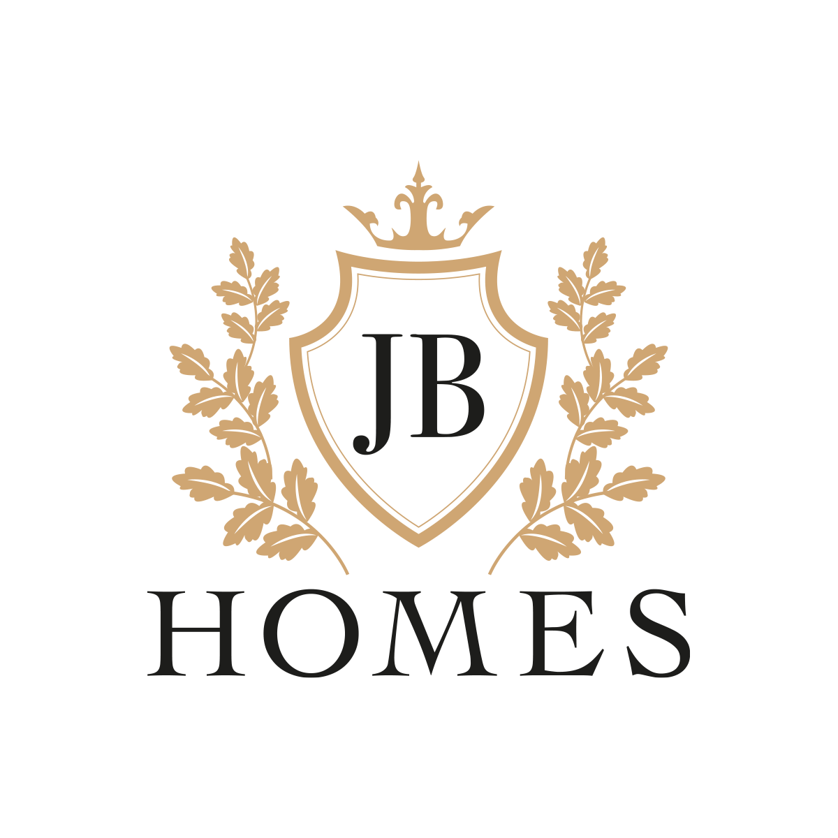 Logo JB Homes w złoto-czarnej wersji prezentuje tarczę herbową z koroną i liśćmi dębu, symbolizując ekskluzywność i prestiż. Elegancka typografia podkreśla luksusowy charakter marki.
