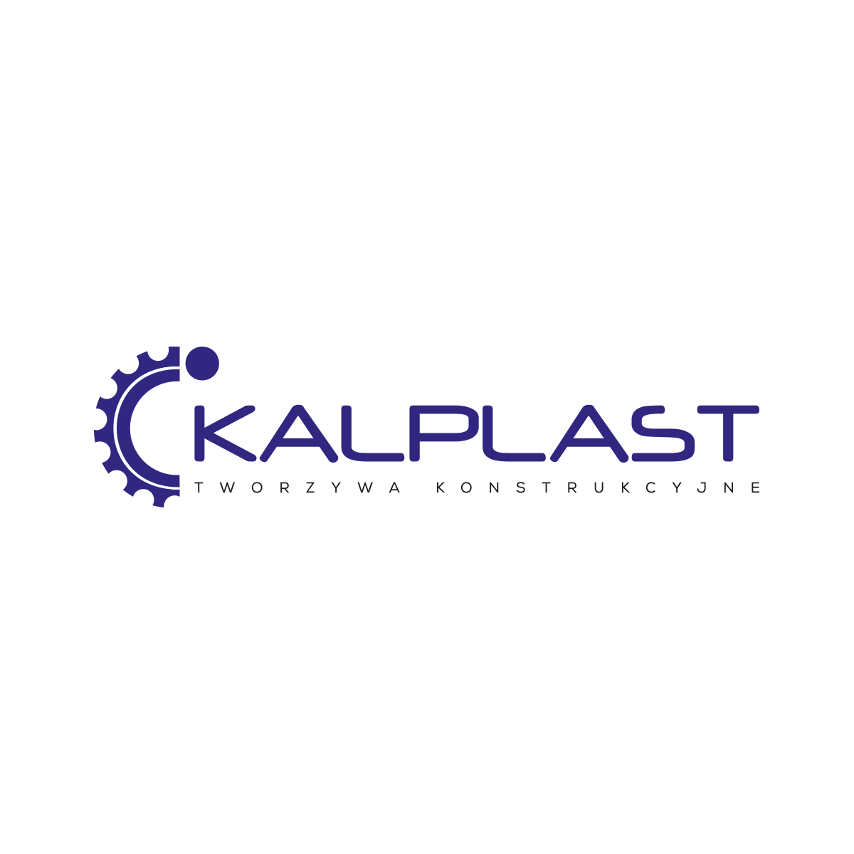 Logo "KALPLAST" w granatowej kolorystyce z symbolem zębatki. Nowoczesna typografia podkreśla specjalizację firmy w tworzywach konstrukcyjnych dla przemysłu i inżynierii.
