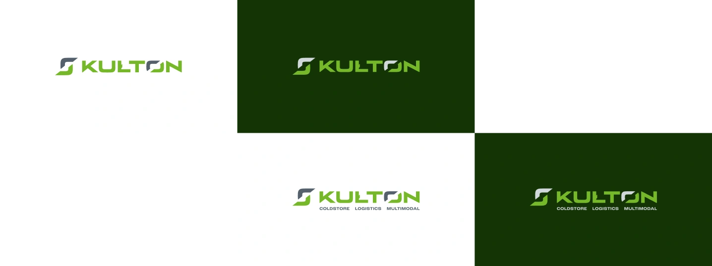 Nowe logo Kulton prezentuje różne warianty kolorystyczne dostosowane do różnych zastosowań. Zielony symbolizuje ekologię i logistykę, a szary dodaje profesjonalizmu.