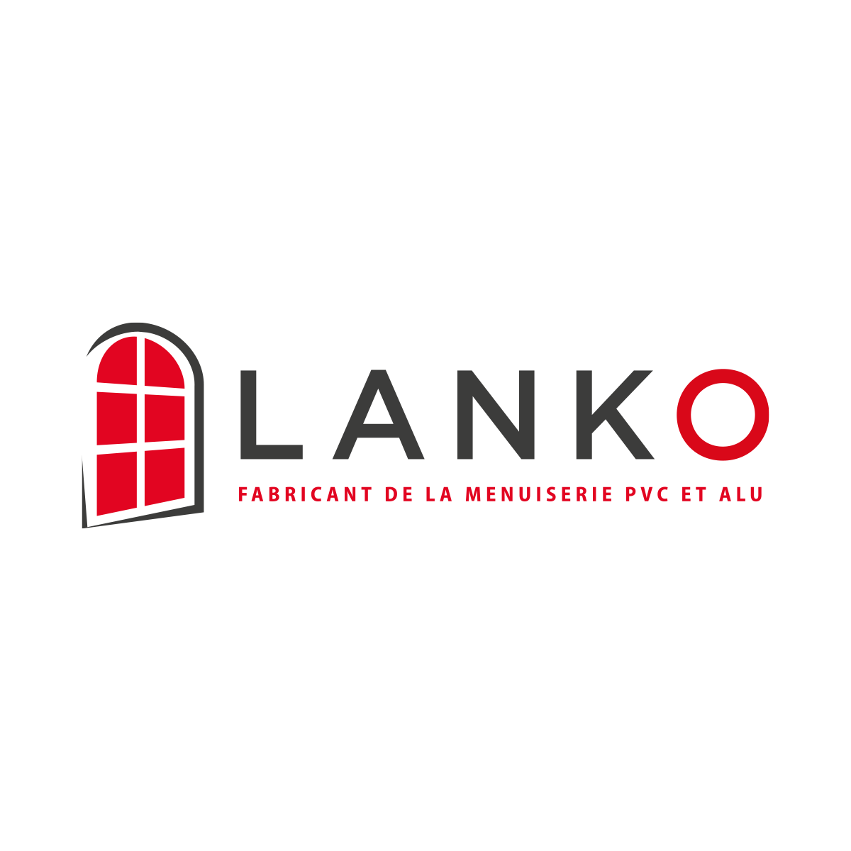 Logo "LANKO" z ikoną okna w czerwono-czarnej kolorystyce. Podkreśla specjalizację firmy w produkcji stolarki PVC i aluminiowej. Nowoczesny i elegancki design.
