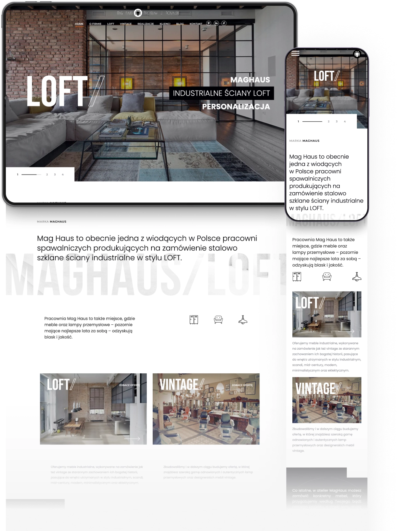 Strona Mag Haus na tablecie i smartfonie promuje industrialne ściany loftowe. W tle ceglana ściana i szklane przegrody. Hasła podkreślają personalizację i unikalność.