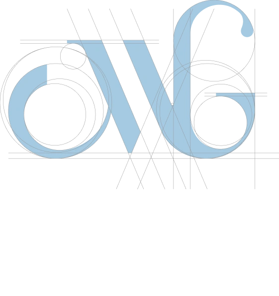 Obraz przedstawia konstrukcję logo MEER GROUP, ukazującą precyzyjną siatkę geometryczną. Litery w jasnoniebieskim kolorze mają eleganckie, zaokrąglone kształty.