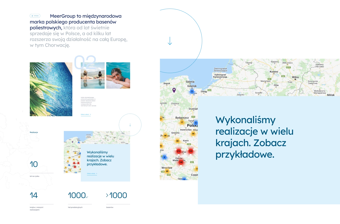 Strona Meer Group prezentuje ekspansję firmy z Polski na Europę. Po lewej opis i zdjęcia basenów, po prawej mapa z realizacjami i zachętą do sprawdzenia projektów.