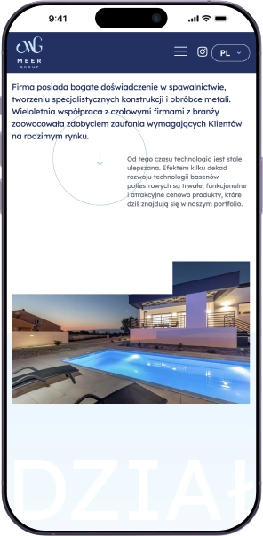 Po prawej – luksusowy basen i opis współpracy z architektami.