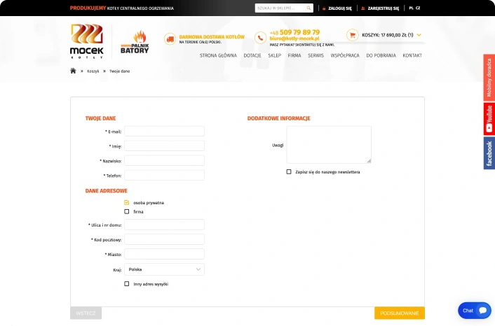 Ekran przedstawia koszyk i formularz zamówienia, umożliwiając dodanie produktów, podsumowanie kosztów, wybór płatności, dostawy i uzupełnienie danych.