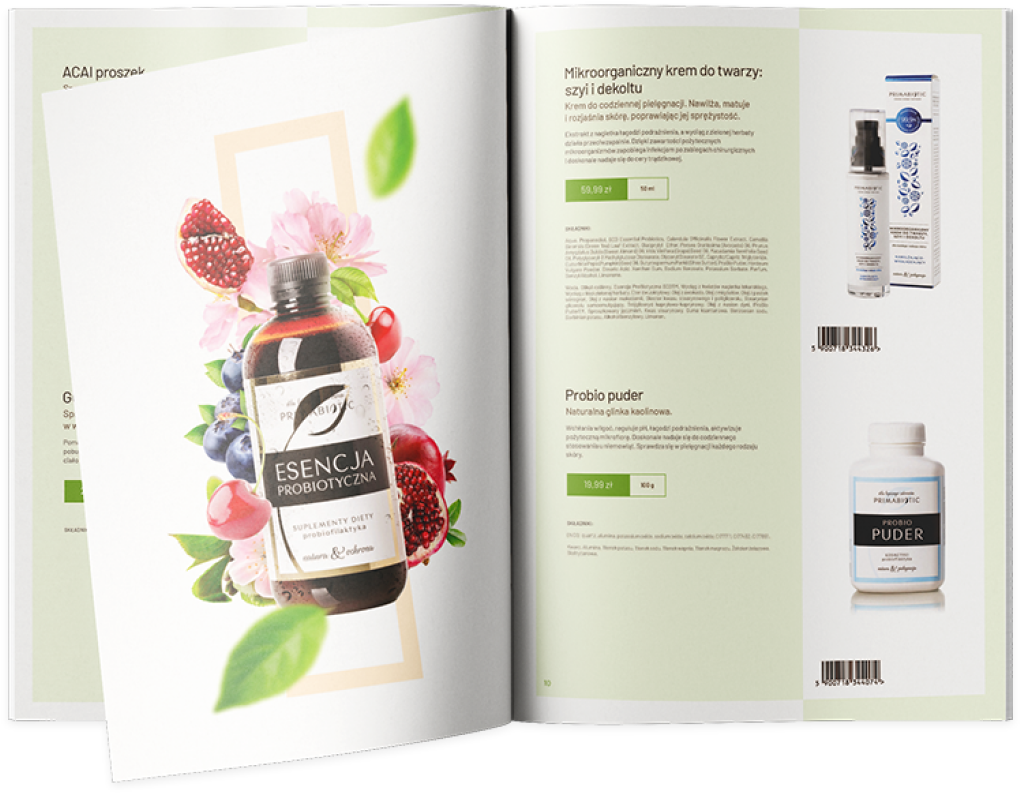 Strona katalogu Natubay prezentująca Esencję Probiotyczną oraz inne produkty. Naturalna kolorystyka, elegancki design i czytelne opisy podkreślają organiczny charakter.
