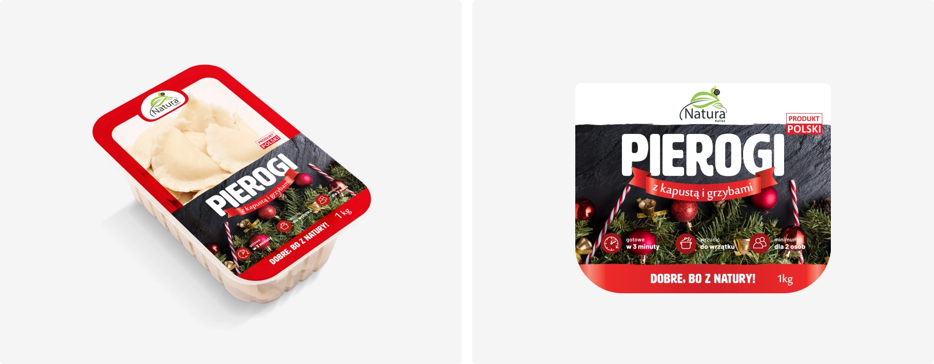 Pierogi z kapustą i grzybami – produkt polski, naturalny, gotowy w 3 minuty. Opakowanie 1 kg w świątecznej stylistyce z czerwonymi i zielonymi akcentami.