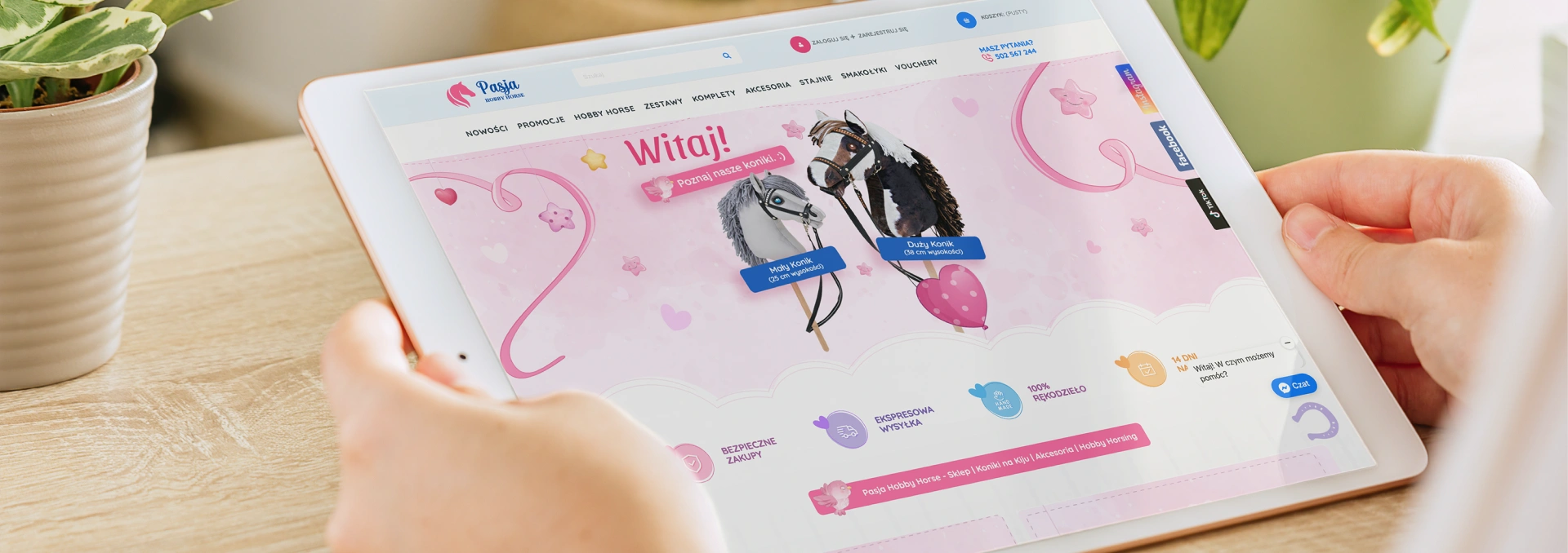 Zdjęcie przedstawia stronę sklepu "Pasja Hobby Horse" otwartą na tablecie. Pastelowy design, oferta ręcznie robionych koników i przyjazny interfejs zakupowy.