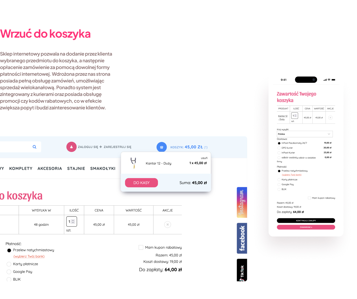Obraz przedstawia proces zakupowy w sklepie internetowym "Pasja Hobby Horse". Widać zawartość koszyka, podsumowanie zamówienia oraz opcje płatności i dostawy.