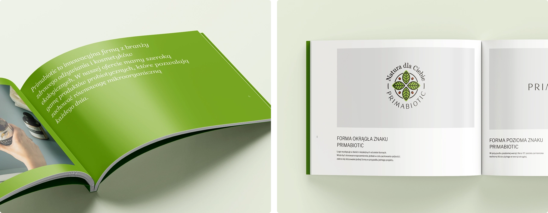 Katalog marki PRIMABIOTIC prezentujący filozofię firmy oraz konstrukcję logo w wariantach okrągłym i poziomym. Skupienie na ekologii i zdrowiu.