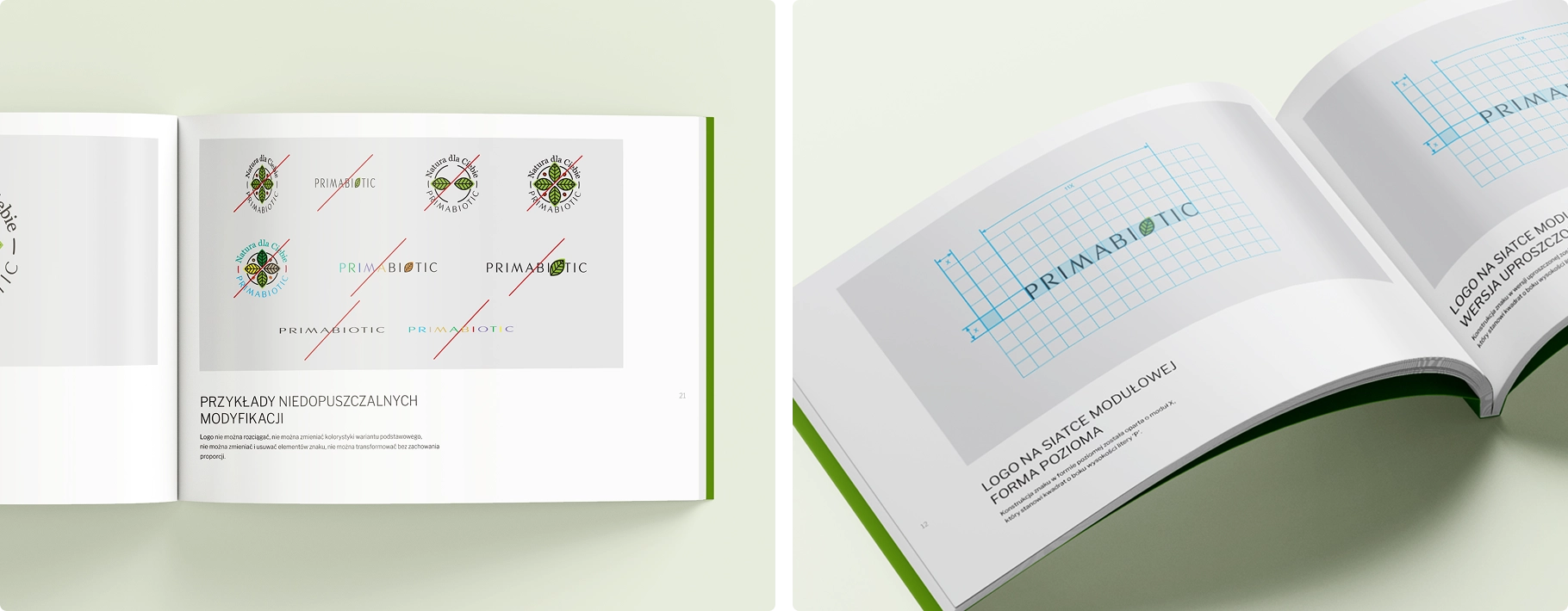 Księga znaku PRIMABIOTIC – zasady stosowania logo, przykłady niedopuszczalnych modyfikacji i siatka modułowa dla poprawnego użycia identyfikacji wizualnej.