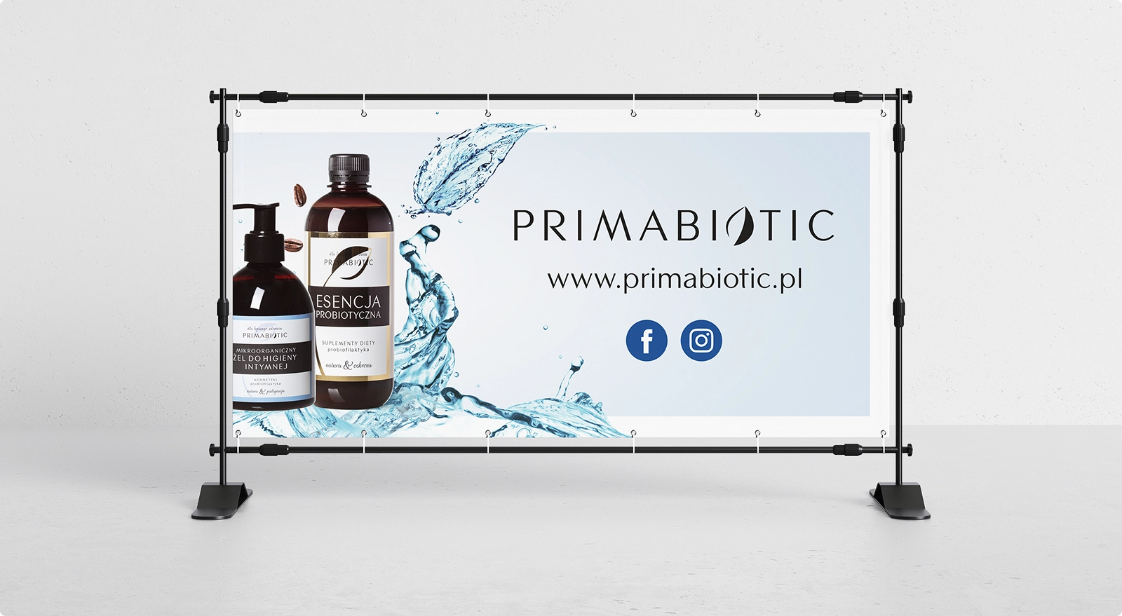 Baner PRIMABIOTIC promujący naturalne produkty, w tym mikrobiotyczny żel do higieny intymnej i esencję probiotyczną.