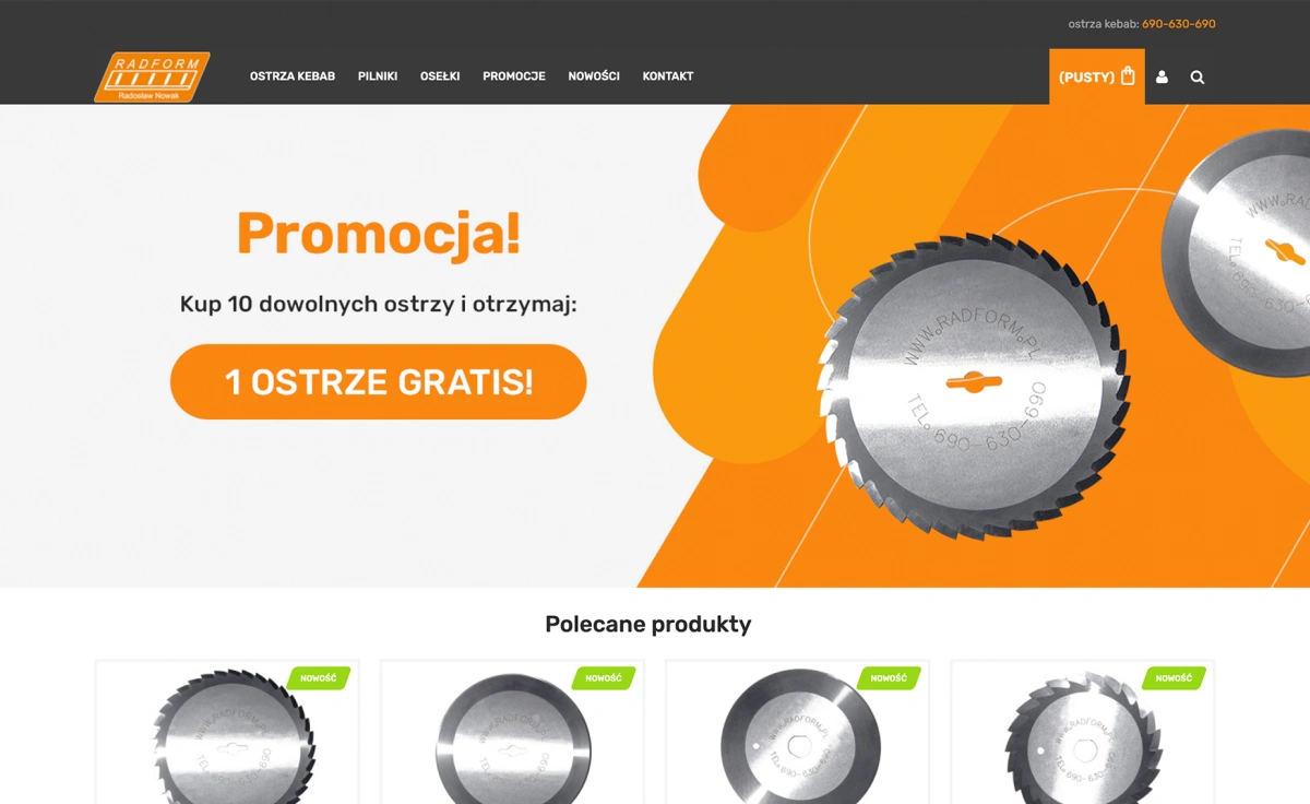 Strona Radform promuje ofertę ostrzy, pilników i osełek. Aktualna promocja: kup 10 ostrzy, a jedno dostaniesz gratis. Dostępne również nowości.