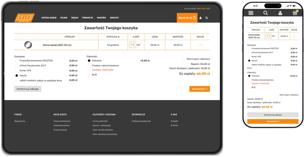 Widok koszyka zakupowego w wersji desktopowej i mobilnej. Zawiera podsumowanie zamówienia, wybór metody dostawy i płatności oraz formularz adresowy do finalizacji zakupu.
