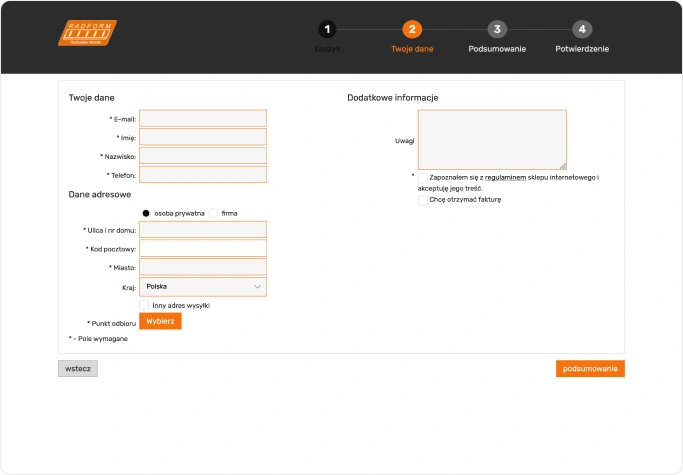 Widok koszyka zakupowego w wersji desktopowej i mobilnej. Zawiera podsumowanie zamówienia, wybór metody dostawy i płatności oraz formularz adresowy do finalizacji zakupu.