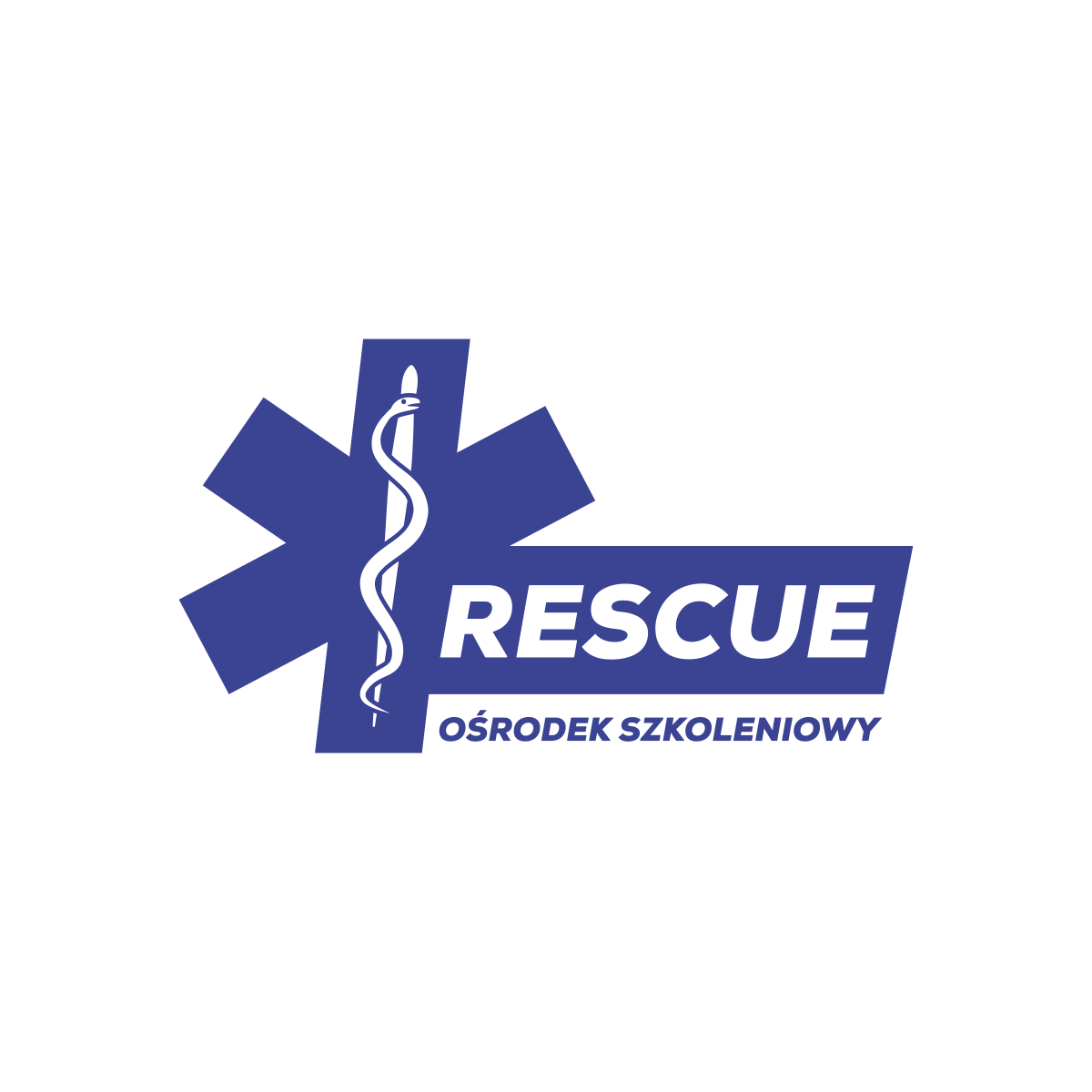 Logo "RESCUE" z symbolem krzyża medycznego i wężem. Nowoczesna typografia podkreśla misję ośrodka szkoleniowego w zakresie ratownictwa i medycyny.