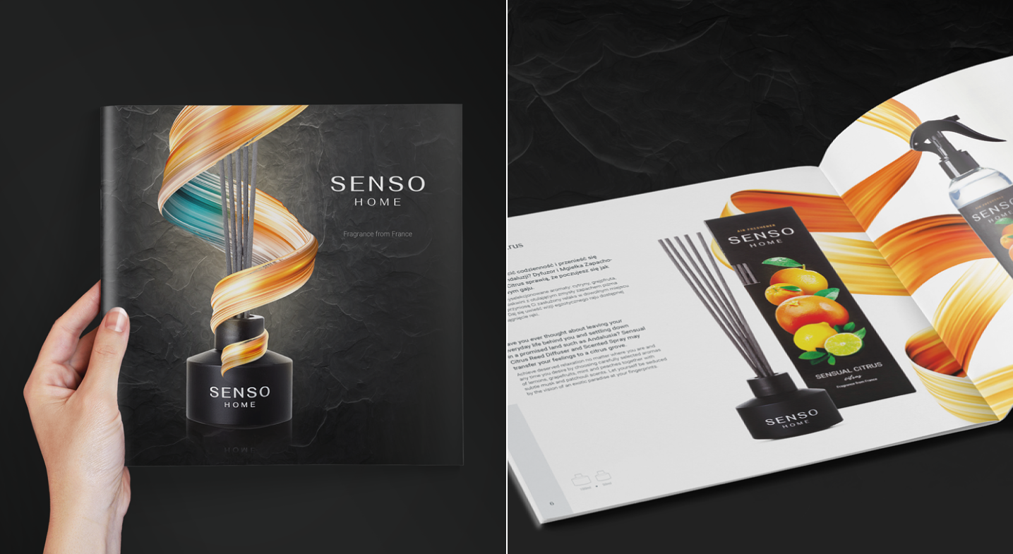 Luksusowy katalog SENSO HOME z elegancką okładką i artystyczną grafiką zapachu. Wnętrze prezentuje dyfuzory i odświeżacze powietrza w ekskluzywnym stylu.
