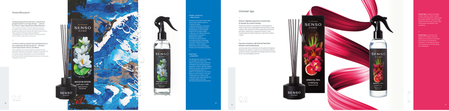 Elegancki design, artystyczne elementy graficzne i prezentacja luksusowych dyfuzorów oraz odświeżaczy.
