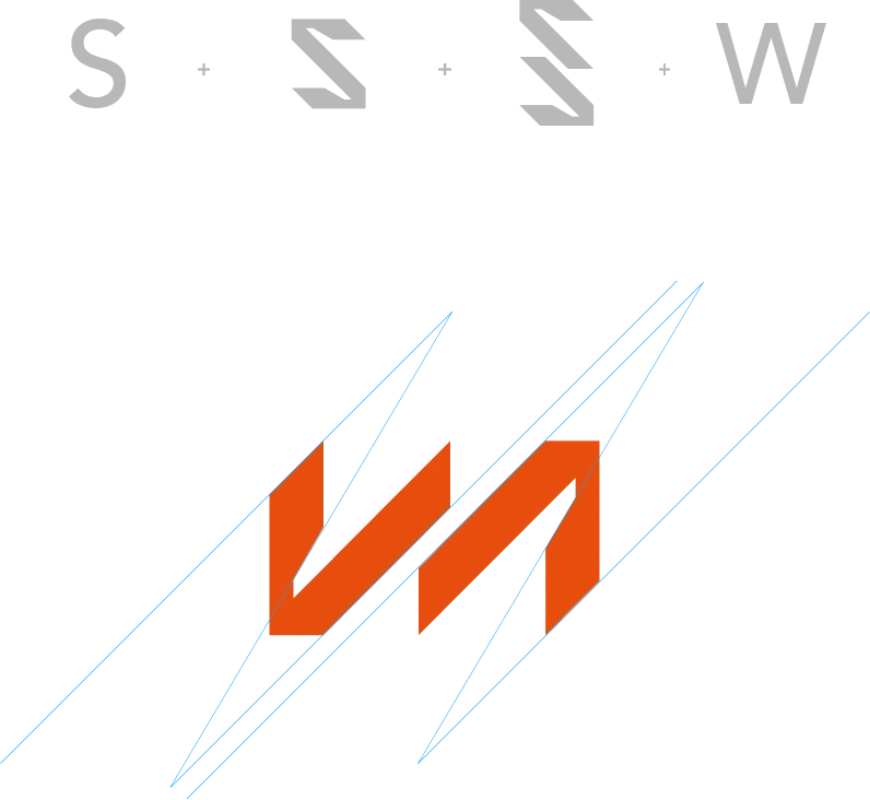 Obraz przedstawia proces tworzenia logo Silesian Wood, opartego na literach S połączony z W. Finalny znak graficzny łączy te elementy w dynamiczną, geometryczną formę.