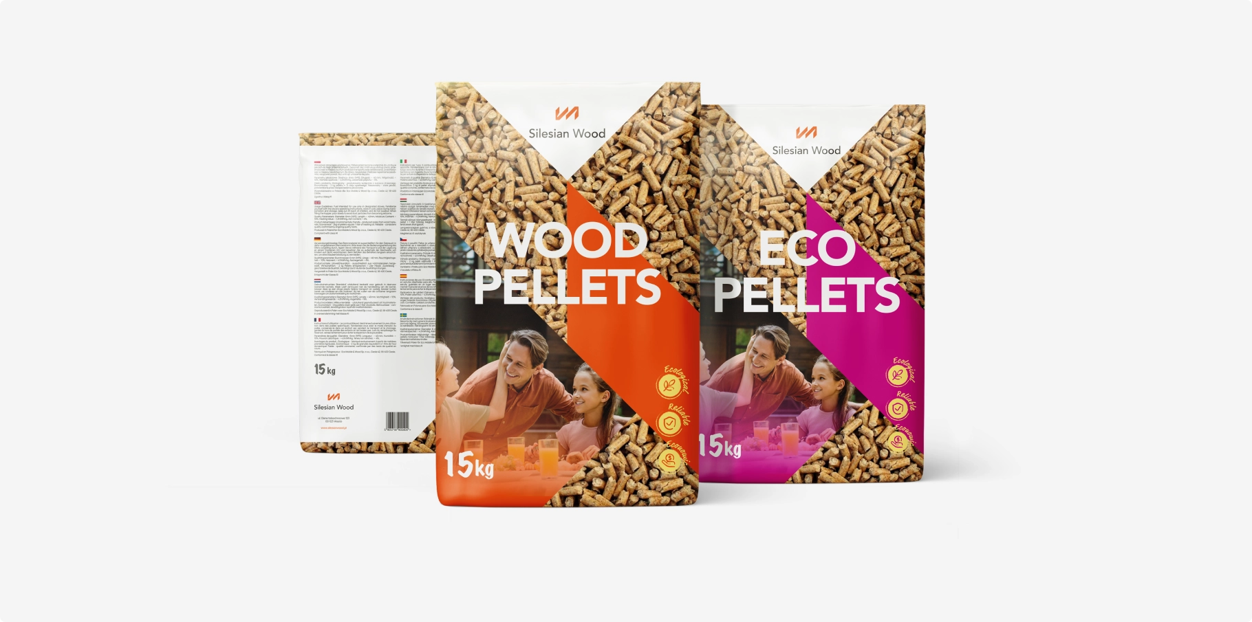 Opakowania Silesian Wood Pellets i Eco Pellets – 15 kg. Nowoczesny design, naturalne granulki, ekologiczne paliwo opałowe. Ciepłe kolory i czytelne oznaczenia.