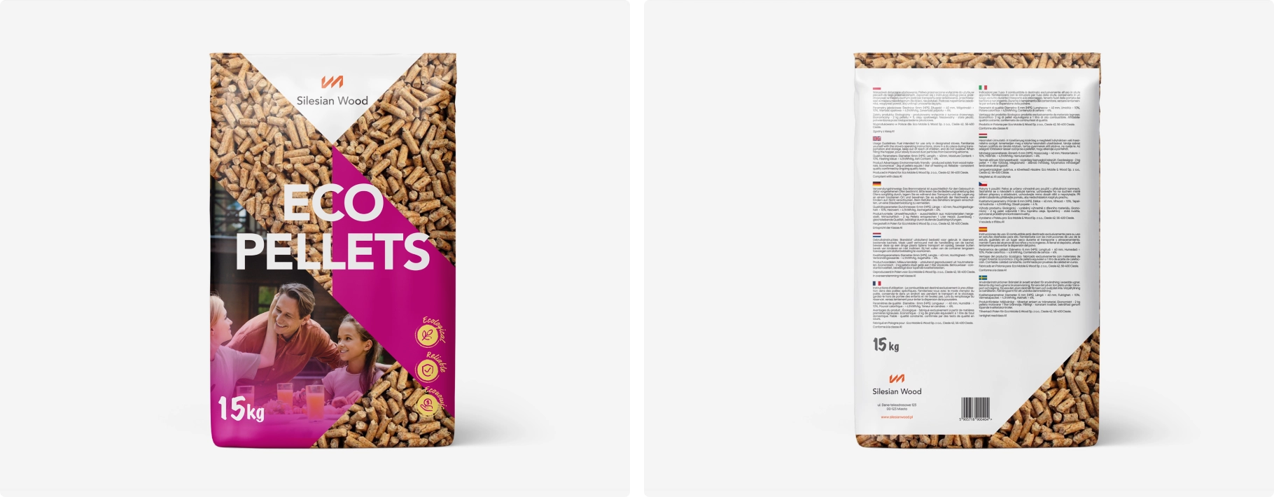 Opakowanie Silesian Eco Pellets – 15 kg. Nowoczesny design z motywem drewnianych granulek, fioletowym akcentem i ekologicznym przekazem. Z tyłu szczegółowe informacje.