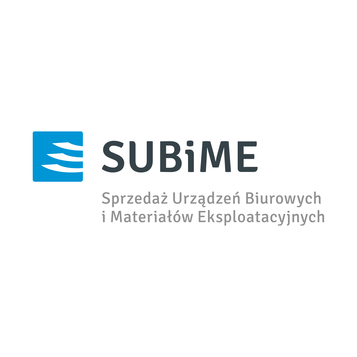 Logo "SUBiME" z nowoczesnym, niebieskim symbolem obok ciemnoszarej typografii. Profesjonalny design podkreśla specjalizację w sprzedaży urządzeń biurowych i materiałów eksploatacyjnych.