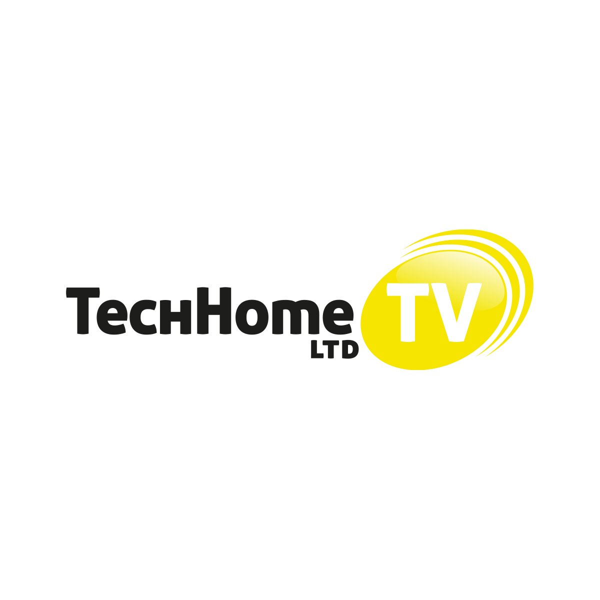 Logo "TechHome TV LTD" w nowoczesnej czarno-żółtej kolorystyce. Dynamiczny symbol fal podkreśla medialny i technologiczny charakter marki związanej z telewizją i innowacjami.