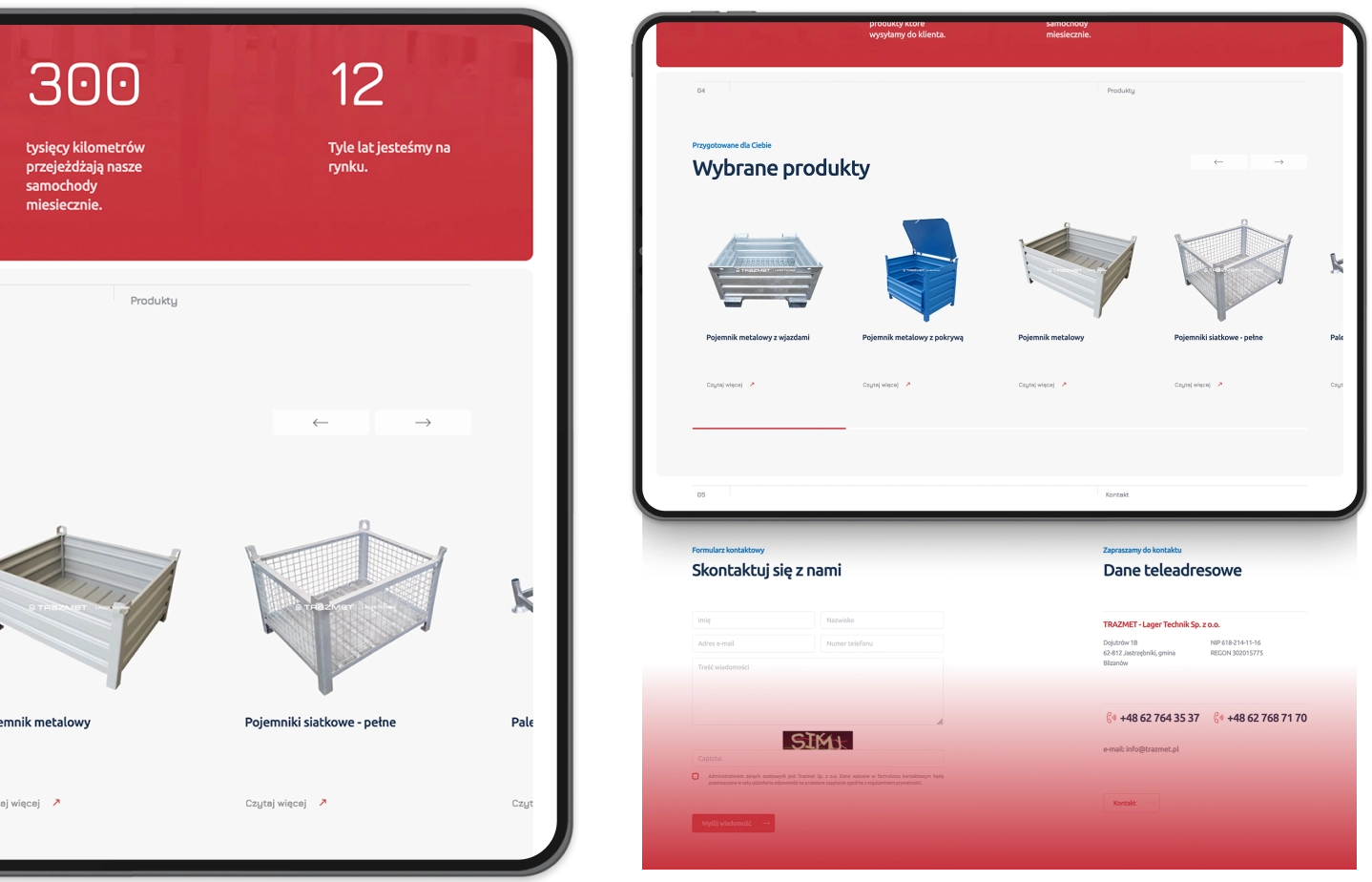Zdjęcie przedstawia część strony internetowej firmy Trazmet, z wybranymi produktami takimi jak pojemniki metalowe, pojemniki składane i palety. Widoczna jest również sekcja kontaktowa z danymi firmy.